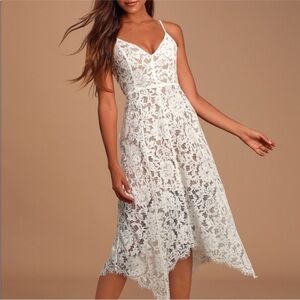 Elegant White Midi Dress with Lace and V-Neck